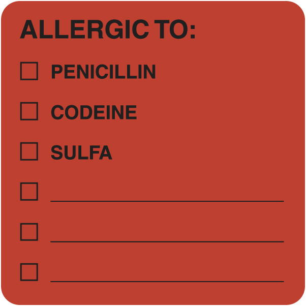 Allergic To Penicillin Codeine Sulfa 2&quot;x2&quot; Fl-Red, 250/Roll