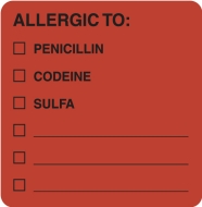 Allergic To Penicillin Codeine Sulfa 2&quot;x2&quot; Fl-Red, 250/Roll