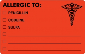 Allergic Penicillin Codeine Sulfa 4"x2-1/2" Fl-Red, 100/Roll<br />11-MAP488